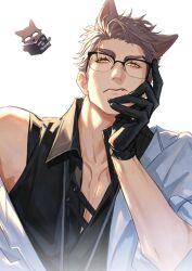  1boy absurdres aegyo_sal animal_ears black_gloves black_shirt bright_pupils brown_hair closed_mouth coat collared_shirt crew_cut duo_he_dian_guigushi fang from_below glasses gloves highres looking_at_viewer love_and_deepspace male_focus partially_unbuttoned shirt short_hair simple_background sleeveless sleeveless_shirt solo upper_body valko_(love_and_deepspace) wavy_mouth white_background white_coat white_pupils wing_collar wolf_boy wolf_ears yellow_eyes 