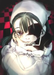  1girl alien_stage bandana bare_shoulders black_hair breasts checkered_floor commentary dress from_above highres l30co long_hair small_breasts solo strapless strapless_dress sua_(alien_stage) vignetting violet_eyes white_bandana white_dress zombie_stage 