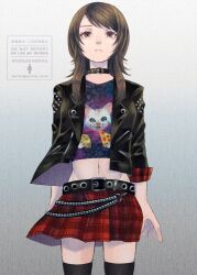  1girl 38 adapted_costume animal_print arms_at_sides band_shirt belt belt_buckle belt_collar black_belt black_collar black_jacket black_shirt black_thighhighs brown_hair buckle cat_print closed_mouth collar commentary_request cowboy_shot crop_top fatal_frame fatal_frame:_maiden_of_black_water gradient_background grey_background jacket kozukata_yuuri leather leather_jacket long_hair long_sleeves looking_at_viewer merchandise midriff miniskirt navel official_alternate_costume open_clothes open_jacket plaid_clothes plaid_skirt print_shirt purple_shirt red_skirt shirt skirt solo standing studded_belt studs thigh-highs twitter_username two-tone_shirt variant_set watermark zettai_ryouiki 
