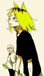  1boy 1girl arms_at_sides bald black_shirt blonde_hair bottle brown_background collared_shirt commentary_request constricted_pupils from_side green_tea hand_in_pocket highres holding holding_bottle hot kipopo_(33kosurihan) looking_at_another looking_at_viewer looking_to_the_side medium_hair multicolored_hair ooya_(yani_neko) parted_lips roots_(hair) shirt shirt_tucked_in simple_background standing sweat t-shirt tea upper_body very_sweaty white_shirt yaku_neko_(yani_neko) yani_neko 