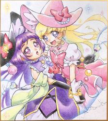  2girls :d :o absurdres asahina_mirai ascot black_gloves black_hat blonde_hair bow bracelet choker commentary_request cure_magical cure_miracle dress dress_bow earrings gloves grey_eyes hat hat_bow hat_ornament heart heart_necklace heart_wand highres holding holding_hands holding_wand izayoi_liko jewelry long_hair magical_girl mahou_girls_precure! multiple_girls necklace open_mouth pink_bow pink_dress pink_hat precure purple_choker purple_dress purple_hair red_ascot smile star_wand traditional_media very_long_hair violet_eyes wand white_gloves witch_hat ya_togi_86 