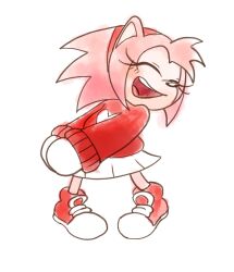  1girl :d alternate_costume alternate_hairstyle amy_rose classic_amy closed_eyes furry furry_female headband hedgehog_girl highres light_blush multicolored_shoes own_hands_together pink_fur red_headband red_sweater skirt smile sonic_(series) steven14032007 sweater white_background white_skirt 