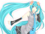  bare_shoulders blue_eyes blue_hair blush detached_sleeves flower grin happy hatsune_miku hinaduki long_hair necktie open_mouth skirt smile solo twintails vocaloid 