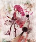  alternate_hairstyle bare_shoulders blurry boots depth_of_field detached_sleeves ebra_hem fang foreshortening highres long_hair mahou_shoujo_madoka_magica polearm red_eyes red_hair redhead sakura_kyouko solo spear thigh-highs thighhighs weapon yudough 