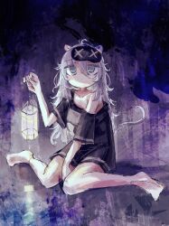  1girl absurdres animal_ears between_legs black_shirt clauvio_(vtuber) closed_mouth collarbone commentary commission dark dolphilia dot_mouth english_commentary grey_eyes grey_hair hair_between_eyes hand_between_own_legs hand_up highres holding holding_lantern indie_virtual_youtuber lantern long_hair long_hair_between_eyes mask mask_on_head messy_hair mouse_ears mouse_girl mouse_tail oversized_clothes oversized_shirt sanpaku second-party_source shirt single_bare_shoulder sitting skeb_commission sleep_mask solo tail tareme virtual_youtuber wariza 