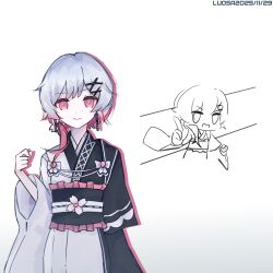 alternate_costume artist_name beret black_coat black_hat bow closed_mouth coat dated dress_bow dress_flower earrings flower furisode gradient_hair hair_flower hair_ornament hat hat_flower hat_ribbon japanese_clothes jewelry kimono long_sleeves looking_at_viewer luosa2026 mahou_shoujo_no_majo_saiban multicolored_hair obi obijime pink_eyes pink_hair ribbon sakuraba_ema sash short_hair signature simple_background straight-on two-tone_kimono upper_body white_background white_bow white_flower white_hair wide_sleeves x_hair_ornament 