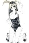  bare_shoulders blush bolze breasts bunny_ears bunny_girl bunny_tail bunnysuit cleavage glasses high_heels kneeling large_breasts long_hair monochrome original pantyhose shoes solo tail wrist_cuffs 