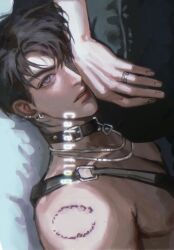  1boy animal_collar artist_name bite_mark bite_mark_on_shoulder brown_hair caleb_(love_and_deepspace) character_name chest_strap collar earrings flog12138 hair_between_eyes highres jewelry leash love_and_deepspace male_focus multiple_earrings parted_lips ring short_hair solo upper_body violet_eyes 