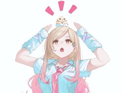  1girl alex0817 arm_warmers arms_up baby_animal bird blonde_hair brown_eyes chick commentary eggshell gradient_hair hair_behind_ear hair_ornament highres iridescent_clothes long_hair looking_up loose_hair_strand loose_necktie mekpark multicolored_hair necktie notice_lines open_mouth pink_hair pink_necktie ribbed_shirt shirt side_part simple_background solo star_(symbol) star_hair_ornament tie_clip untranslatable_commentary virtual_youtuber white_arm_warmers white_background white_shirt wrist_belt yuikawa_hinami 