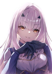  1girl absurdres black_gloves black_horns blue_dress breasts brown_eyes closed_mouth commentary dress fate/grand_order fate_(series) flower forked_eyebrows gloves hair_between_eyes highres horns long_hair long_sleeves looking_at_viewer melusine_(fate) own_hands_clasped own_hands_together rose shiraiwa_usagi sidelocks simple_background smile solo upper_body white_background white_flower white_hair white_rose 