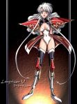 :o black_legwear black_thighhighs boots breasts brown_eyes claret_(langrisser) cleavage happy langrisser langrisser_v long_hair official_art pauldron payot scan solo thigh-highs thighhighs urushihara_satoshi white_hair 