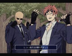  2boys bald baton_(weapon) black_gloves blue_jacket clenched_hands collared_shirt facial_mark fighting_stance final_fantasy final_fantasy_vii fingerless_gloves forest gloves goggles goggles_on_head hair_between_eyes jacket low_ponytail male_focus multiple_boys nature open_mouth over_shoulder ponytail red_hair reno_(ff7) rude_(ff7) sharp_na_ago shirt spiky_hair suit_jacket sunglasses sweatdrop twitter_username upper_body video_game_dialogue_box weapon weapon_over_shoulder white_shirt 