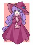  dress hat jewelry long_hair monster_maker pekeruno pink_background purple_eyes purple_hair rufia_(monster_maker) smile solo violet_eyes witch witch_hat 