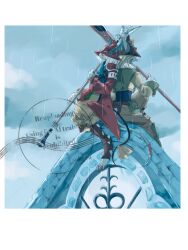  1boy 1girl armor ascot back-to-back blonde_hair blue_ascot border brown_pants burmecian clawed_feet claws clouds cloudy_sky coat colored_skin final_fantasy final_fantasy_ix fratley freya_crescent full_body grey_hair grey_skin helmet highres holding holding_polearm holding_weapon medium_hair mouse_boy mouse_girl mouse_tail on_rooftop pants polearm rain red_coat red_helmet ribbon shoulder_armor sky sososohran tabard tail tail_ornament tail_ribbon weapon white_border winged_helmet yellow_ribbon 