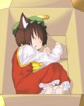  absurdres animal_ears box brown_eyes brown_hair cardboard_box cat_ears chen girl_in_a_box hat high_res highres in_box in_container kemonomimi kir nekomimi short_hair sleeping solo touhou 