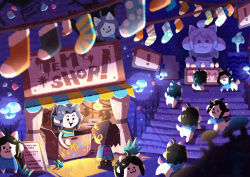  ! 1girl 1other :3 absurdres black_hair box brown_hair cardboard_box cat clone commentary_request egg frisk_(undertale) glowing_mushroom highres in_box in_container mushroom open_mouth shop short_hair socks solid_circle_eyes stairs statue temmie undertale unworn_socks utdr_(toby_fox) watawata22 