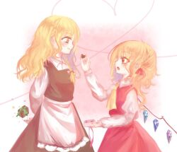  2girls apron asazuki_noa ascot black_skirt black_vest blonde_hair blush bow box braid candy chocolate closed_mouth collared_shirt commentary_request crystal crystal_wings eye_contact feeding flandre_scarlet food gift gift_box hair_bow heart heart-shaped_chocolate heart-shaped_food heart_of_string holding holding_chocolate holding_food juliet_sleeves kirisame_marisa long_hair long_sleeves looking_at_another missing_headwear multicolored_wings multiple_girls one_side_up open_mouth pink_bow puffy_sleeves red_eyes red_skirt red_vest shirt side_braid single_braid skirt skirt_set smile touhou valentine vest waist_apron white_apron white_shirt wings yellow_ascot yellow_eyes yuri 