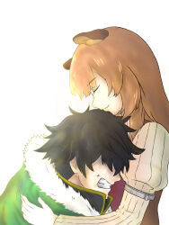  1boy 1girl animal_ear_fluff animal_ears black_hair black_shirt blunt_bangs brown_dress brown_hair clenched_teeth cloak closed_eyes closed_mouth collared_dress collared_shirt commentary_request dress from_side fur_trim green_cloak high_collar highres hug iwatani_naofumi layered_dress long_hair long_sleeves ma_bo_do_hugozen messy_hair metal_arm_cuffs open_mouth raccoon_ears raccoon_girl raphtalia red_eyes shirt short_hair simple_background smile straight_hair tanuki tate_no_yuusha_no_nariagari teeth two-tone_dress white_background white_fur yellow_trim 