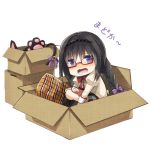  akemi_homura alternate_hairstyle bad_id black_hair box braid cardboard_box girl_in_a_box glasses hairband in_box in_container jing_hu long_hair lowres mahou_shoujo_madoka_magica purple_eyes red-framed_glasses sitting solo spoilers transparent_background twin_braids twintails violet_eyes 