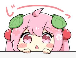  1girl :o ahoge blush_stickers cherry_hair_ornament chibi chibi_only commentary_request double-parted_bangs food-themed_hair_ornament hair_between_eyes hair_ornament hatsune_miku leaf_hair_ornament long_hair nukotun open_mouth pink_eyes pink_hair portrait sakura_miku simple_background solo twintails vocaloid white_background 