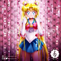  1girl bishoujo_senshi_sailor_moon blonde_hair blue_eyes blue_sailor_collar bow choker circlet collarbone commentary crescent crescent_choker crescent_earrings double_bun earrings elbow_gloves english_commentary gloves hair_bun hair_ornament heart jewelry long_hair miniskirt pleated_skirt red_bow red_choker sailor_collar sailor_moon sailor_senshi_uniform sassyspice shirt skirt solo transformation_brooch_(sailor_moon) tsukino_usagi twintails white_gloves white_shirt 