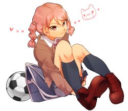  1girl bag ball black_socks blue_skirt braid brown_jacket closed_mouth collared_shirt commentary gouenji_yuuka hands_under_legs heart inazuma_eleven_(series) inazuma_eleven_go jacket light_smile long_sleeves looking_at_viewer necktie pink_eyes pink_hair pink_necktie pleated_skirt ramen11 red_shoes school_bag school_uniform shirt shoes simple_background sitting skirt soccer_ball socks solo twin_braids twintails white_background white_shirt wing_collar 