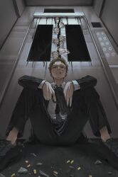  1boy black_necktie black_pants black_shoes black_suit broken_glass brown_hair cigarette collared_shirt commentary_request disembodied_hand elevator elevator_door expressionless glass gun handgun happy_s_e_t highres holding holding_gun holding_weapon horror_(theme) jacket male_focus necktie on_floor original pants shell_casing shirt shoes short_hair smoking solo suit suit_jacket weapon 