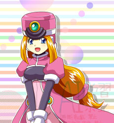  1girl black_bodysuit blonde_hair blue_eyes bodysuit coat commentary_request cowboy_shot hat highres long_hair mega_man_(series) mega_man_zx pink_coat pink_hat prairie_(mega_man) robot_ears shako_cap solo sotomiti_now watermark 