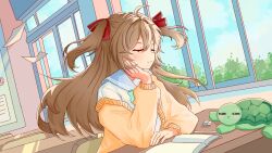  ahoge aqua_bow aqua_bowtie blue_sailor_collar bow bowtie brown_hair cardigan chair classroom closed_eyes closed_mouth commentary commission day dutch_angle english_commentary flying_paper from_side hair_between_eyes hair_ribbon highres indoors long_hair long_sleeves neroneruame neuro-sama neuro-sama_(1st_costume) paper red_ribbon ribbon sailor_collar sitting table tree turtle two_side_up upper_body vedal987 vedal_ai virtual_youtuber yellow_cardigan 