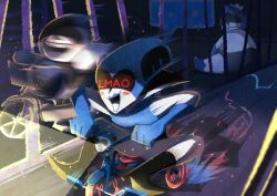  1girl 2boys absurdres bicycle black_boots blue_gloves blue_skin blush_stickers boots colored_skin commentary_request deltarune elbow_gloves family gloves highres iron_bars king_(deltarune) lancer_(deltarune) motion_blur multiple_boys on_bicycle open_mouth queen_(deltarune) riding riding_bicycle signature sitting utdr_(toby_fox) watawata22 
