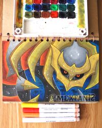  art_tools_in_frame black_sclera colored_pencil_(medium) colored_sclera commentary_request giratina giratina_(origin) highres looking_at_viewer marker marker_(medium) mexfan12 mixed_media no_humans painting_(medium) pen_(medium) photo_(medium) pokemon pokemon_(creature) pokemon_focus red_eyes spanish_commentary traditional_media twitter_username watercolor_(medium) watercolor_tray 