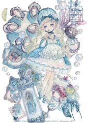  1girl alice's_adventures_in_wonderland alice_(alice_in_wonderland) apron artist_name blonde_hair blue_bonnet blue_dress blue_eyes blue_shoes bonnet commentary_request copyright_notice coral cup dress drinking_glass food fork fruit full_body hane_segawa highres holding holding_fork lemon lemon_slice long_hair looking_at_viewer merfolk mermaid monster_girl shoes short_sleeves simple_background solo standing twitter_username watermark wavy_hair white_apron white_background 