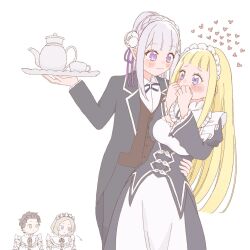  2boys 2girls alternate_costume apron arm_around_another's_waist blonde_hair blue_eyes blunt_bangs blush braid breasts brown_hair butler commentary_request covering_own_mouth crossdressing crown_braid cup dress elf emilia_(re:zero) enmaided flower formal_clothes grey_hair hair_flower hair_ornament hair_ribbon hand_on_another's_hip hand_on_another's_waist heart highres holding long_hair maid maid_headdress meruhen53723 multiple_boys multiple_girls natsuki_subaru otto_suewen pointy_ears ponytail purple_ribbon re:zero_kara_hajimeru_isekai_seikatsu ribbon roswaal_mansion_maid_uniform short_hair simple_background smile suit sylphy_(re:zero) teacup teapot tray violet_eyes white_background white_flower yuri 