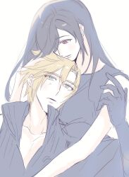  1boy 1girl bare_arms bare_shoulders black_gloves black_hair black_shirt blonde_hair blue_eyes blush closed_mouth cloud_strife collarbone commentary_request couple earrings final_fantasy final_fantasy_vii final_fantasy_vii:_advent_children gloves hand_on_another's_head hetero highres hug jewelry korean_commentary leaning_on_person lilykim_ffxiv long_hair looking_at_another popped_collar red_eyes ribbed_shirt shirt sleeveless spiky_hair tifa_lockhart upper_body white_background 