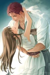  brown_hair crew_cut dress highres hug jun927 long_hair love_and_deepspace protagonist_(love_and_deepspace) red_hair valko_(love_and_deepspace) white_dress wolf_boy yellow_eyes 