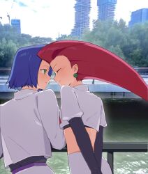  1boy black_gloves blue_hair chinese_commentary commentary_request crop_top earrings elbow_gloves gloves green_eyes hair_slicked_back highres james_(pokemon) jessie_(pokemon) jewelry pokemon pokemon_(anime) pokemon_(classic_anime) sayitplain single_letter skirt sphere_earrings team_rocket team_rocket_uniform white_skirt 