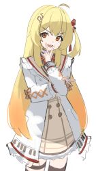  1girl :d absurdres ahoge beamed_eighth_notes blonde_hair bow bowtie brown_dress brown_eyes brown_sailor_collar brown_thighhighs buttons commentary cowboy_shot cross-laced_clothes cross-laced_sleeves crossed_arms dot_nose double-breasted double-parted_bangs dress eighth_note frilled_dress frilled_sailor_collar frills gold_trim gradient_hair hair_ribbon hand_up highres hololive hololive_dev_is jacket long_hair long_sleeves looking_at_viewer multicolored_hair musical_note musical_staff musical_staff_print nokde one_side_up open_mouth orange_bow orange_hair otonose_kanade otonose_kanade_(1st_costume) piano_print plaid_clothes plaid_dress red_bow red_bowtie red_ribbon ribbon sailor_collar shirt sidelocks simple_background sleeve_cuffs smile solo teeth thigh-highs thigh_strap two-tone_hair untranslatable_commentary upper_teeth_only v v-shaped_eyebrows v_over_mouth virtual_youtuber white_background white_jacket white_shirt 