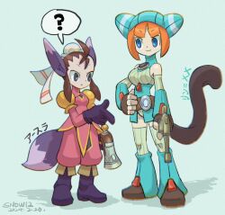  2girls ? animal_ears black_hair breasts breath_of_fire breath_of_fire_iv breath_of_fire_v bun_cover closed_mouth dated dress fingerless_gloves full_body gloves grassrunner gun hair_bun highres holding holding_gun holding_weapon in-franchise_crossover lin_(breath_of_fire) multiple_girls short_hair single_hair_bun smile snow12 tail thigh-highs ursula_(breath_of_fire) weapon white_thighhighs 