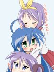  3girls blue_eyes blue_hair closed_eyes green_eyes hiiragi_kagami hiiragi_tsukasa hug izumi_konata long_hair lucky_star mizushima_(p201112) multiple_girls purple_hair school_uniform short_hair twintails 