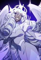  1girl angel angel_wings bwin_02 colored_sclera commentary dark-skinned_female dark_skin dress drill_hair feathered_eyelashes freckles glowing glowing_halo grey_dress grey_sclera halo hazbin_hotel hellaverse long_eyelashes long_hair looking_at_viewer sera_(hazbin_hotel) smile solo very_long_hair white_eyes wings 