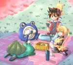  1boy 1girl artist_request bulbasaur chuchu_(pokemon) eating flower food hair_flower hair_ornament hat lowres onigiri picnic pika_(pokemon) pikachu pokemon pokemon_(creature) pokemon_red_and_green pokemon_rgby pokemon_special pokemon_yellow poliwhirl ponytail red red_(pokemon) yellow_(pokemon) 