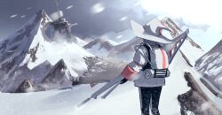  1girl absurdres backpack bag black_gloves black_pants bodysuit commentary_request cowboy_shot from_behind gloves hat highres holding holding_weapon jacket machine mafuyu_0213 mountain original pants sky snow solar_panel solo standing sunlight weapon white_bag white_hat white_jacket witch_hat 