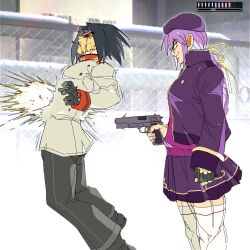  1boy 1girl akatsuki_(akatsuki_en-eins) beret black_hair black_pants blood braid elec_shooting_granolah_(meme) eltnum_(under_night_in-birth) fingerless_gloves firing gameplay_ability gameplay_mechanics glasses gloves gun hair_ribbon handgun hat long_hair meme military_uniform pants purple_hair ribbon single_braid sion_eltnam_(type-moon) skirt sora_(zombiebathwater) thigh-highs under_night_in-birth weapon zettai_ryouiki 