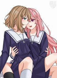  2girls absurdres aqua_eyes between_legs black_socks brown_hair commentary_request dress fang fffteam highres kagari_mimi kimi_ga_shinu_made_koi_wo_shitai long_hair multiple_girls open_mouth pink_hair purple_dress sailor_collar short_hair simple_background skin_fang smile socks totsuki_shiina violet_eyes white_background white_sailor_collar white_socks yuri 