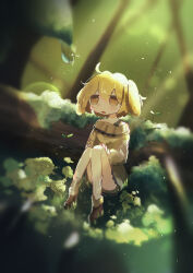  1girl absurdres animal_ears blonde_hair blurry blurry_background brown_eyes brown_shoes commentary_request depth_of_field floppy_ears highres karina_(karinaillust) lens_flare light_particles log loose_socks moss nature no_pupils open_mouth original outdoors plant rabbit_ears shoes sitting socks solo sparkle water_drop 