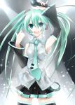  7zu7 aqua_eyes aqua_hair arm_up armpits detached_sleeves hatsune_miku headset highres long_hair microphone necktie open_mouth pinky_out skirt solo thigh-highs thighhighs twintails very_long_hair vocaloid 
