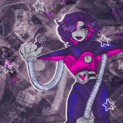  1boy 2023 2d androgynous android black_hair character_background closed_mouth commentary cowboy_shot digital_media english_commentary eyelashes gloves grey_background hair_over_one_eye highres holding holding_microphone humanoid humanoid_robot inkspenn lips male male_focus male_only mettaton mettaton_(box) mettaton_ex microphone pauldrons robot robot_boy short_hair solo star_(symbol) undertale utdr_(toby_fox) white_gloves 
