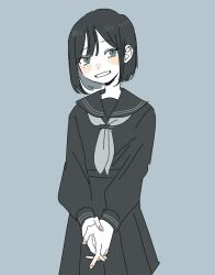  1girl black_hair black_sailor_collar black_serafuku black_shirt black_skirt blue_background blue_eyes blush blush_stickers bob_cut cowboy_shot grey_neckerchief grin highres long_sleeves looking_at_viewer mole mole_under_eye neckerchief original own_hands_together pleated_skirt pomepom285685 sailor_collar school_uniform serafuku shirt short_hair simple_background skirt smile solo standing 