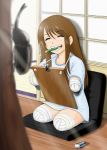  amputee beetle brown_hair bug copyright_request futon_suki happy long_hair mouth_hold pencil piddlefours quadruple_amputee smile solo 