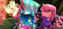  1boy 1girl 1other anger_vein axe blue_fur blue_hair clenched_teeth commentary crimsonrabbit_(crimsonann) deltarune english_commentary fangs floppy_ears furrification furry furry_female furry_male goat_horns holding holding_axe horns kris_(dark_world)_(deltarune) kris_(deltarune) looking_up over_shoulder pink_hair pink_scarf ralsei scarf susie_(dark_world)_(deltarune) susie_(deltarune) teeth utdr_(toby_fox) weapon weapon_over_shoulder white_fur 